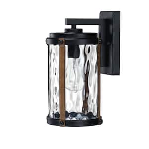 13.9 in. 1- Light Black Outdoor Wall Mount Lantern Sconce with Water Glass Shade, Hardwired with No Bulbs Included