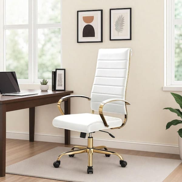 Benmar Leather High-Back Office Chair Adjustable Height, Swivel, Tilt in Stainless Steel Gold Frame in Light Brown