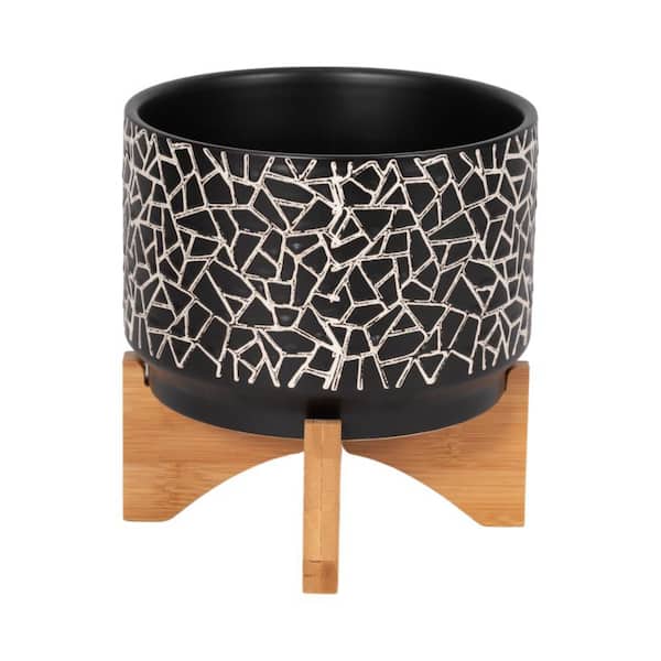 Black Ceramic Crackled Planter (7 in. W x 8 in. H) with Bamboo Wood Stand