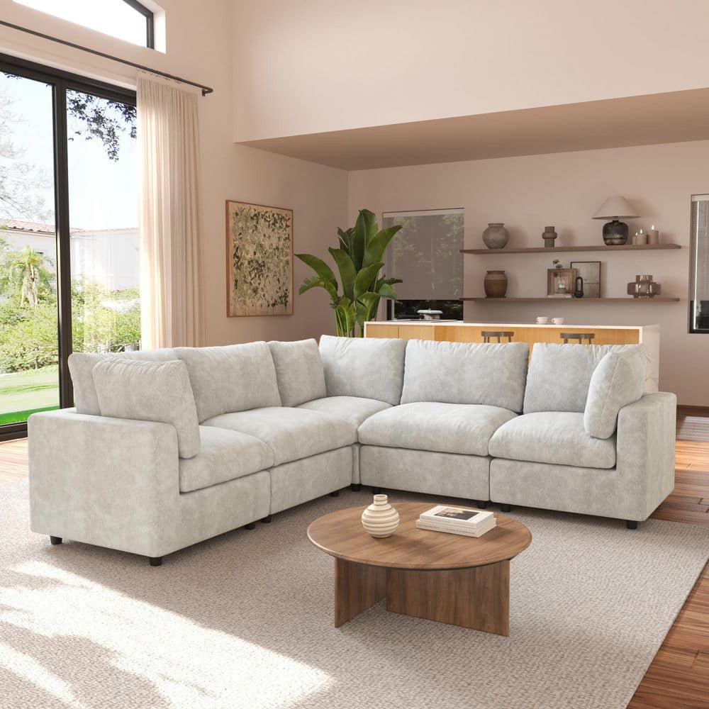 100.5 in. Square Arm Chenille Couch 5-Piece Modular Free Combination Sectional Sofa in. Beige
