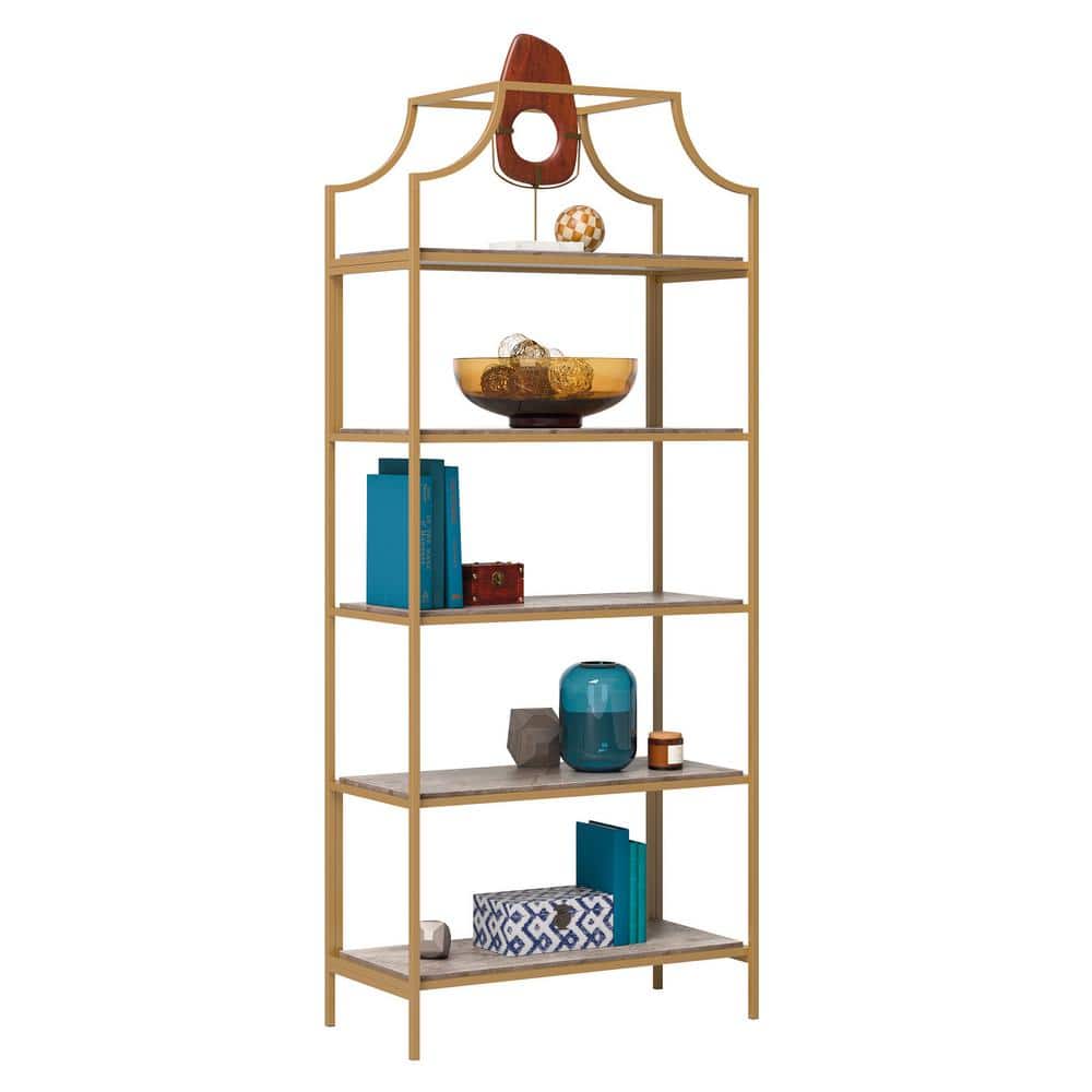 Deco Stone Luxe Modern 5-Shelf Bookcase with Satin Gold Metal Frame