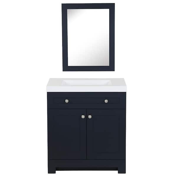 Glacier Bay Everdean 31 in. W x 19 in. D x 34 in. H Single Sink Bath Vanity in Deep Blue with White Cultured Marble Top and Mirror