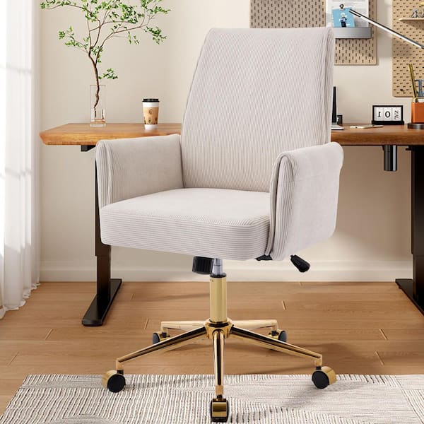 Corduroy Fabric Seat Adjustable Heighe Swivel Office Chair in Cream for Office, Bedroom