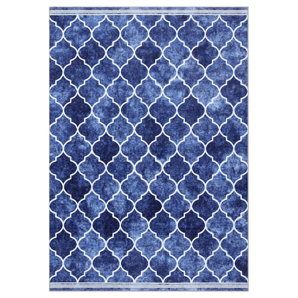 Garvee Vintage Blue, 5 ft. x 7 ft. Grid Printed Rug Low Pile Non-Slip Carpet Washable Area Rug Home Decor Area Rug