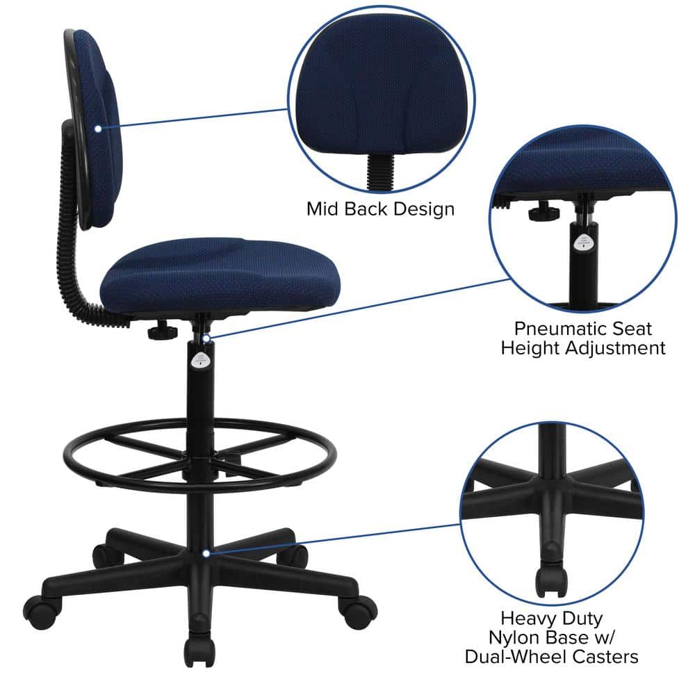 Navy Blue Fabric Swivel Drafting Chair with Adjustable Foot Ring