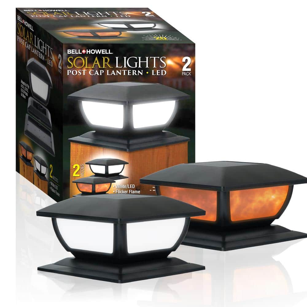Black Plastic Solar Post Cap Lights with LED and Flame Effect