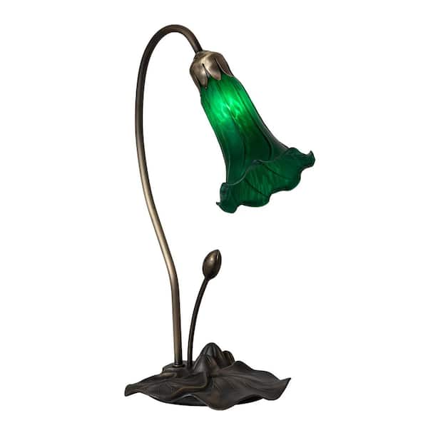 Pond Lily 16 in. Mahogany Bronze Novelty Victorian Mini Table Lamp with Green Glass Shade