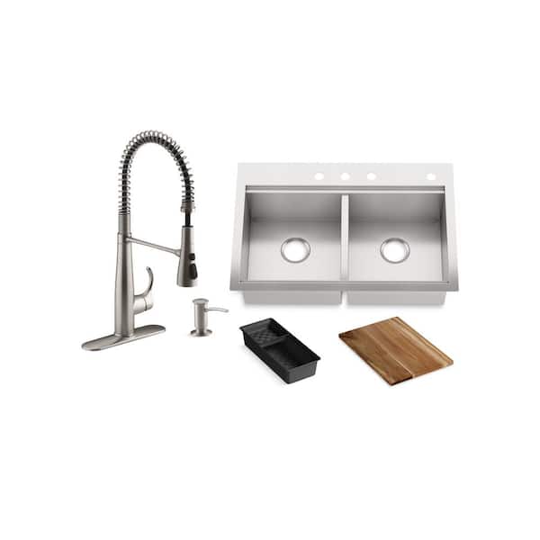 Lyric Workstation 33 in. Dual Mount Stainless Steel Double Bowl Kitchen Sink with Sous Semi Pro Kitchen Faucet Lyric Workstation 33 in. Dual Mount Stainless Steel Double Bowl Kitchen Sink with Sous Semi Pro Kitchen Faucet