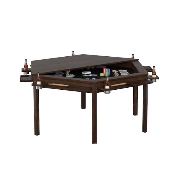 Wood Poker Table Convertible Gaming/Dining Table for 4-6 People with Removable Top, 6-Cup Holders