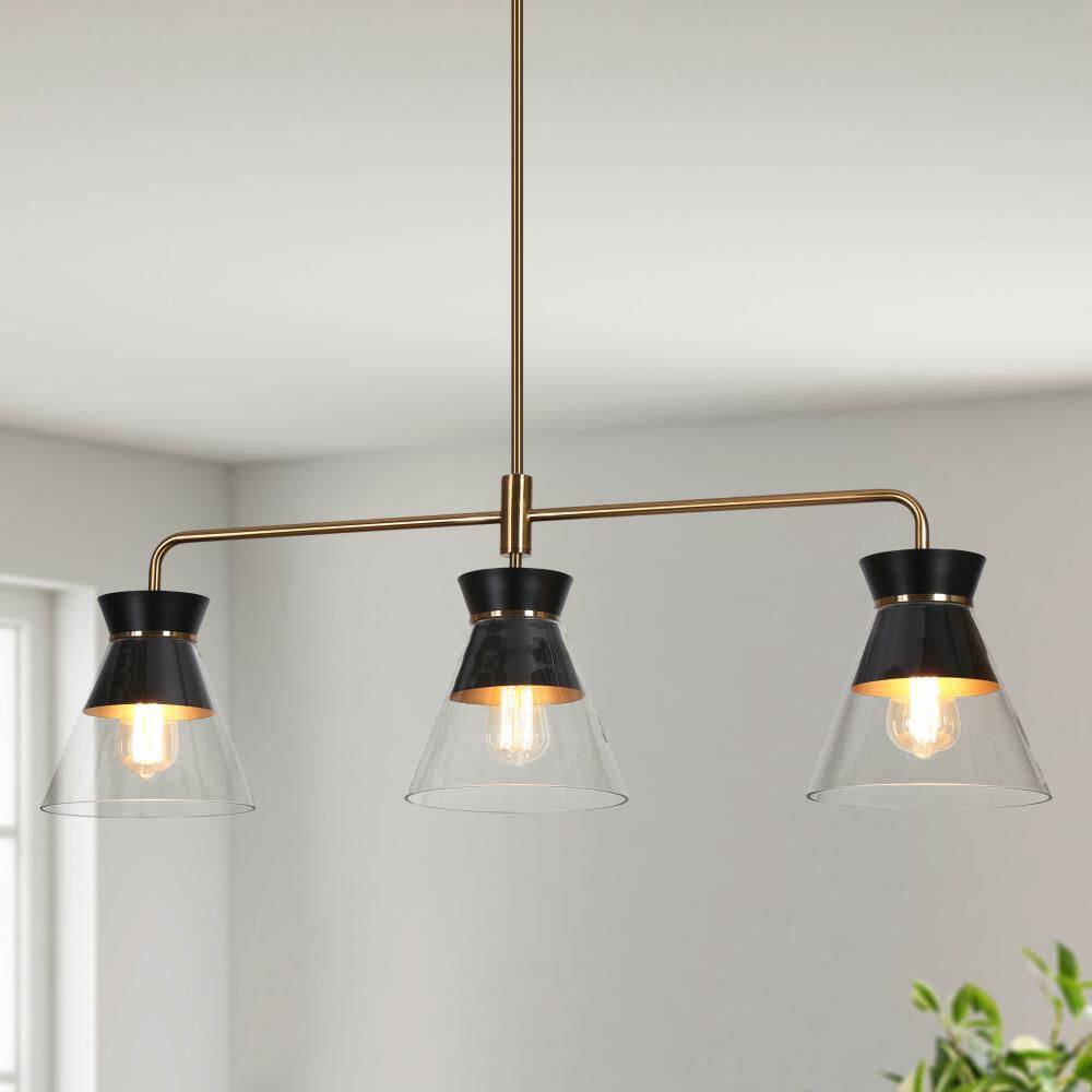 Noah Modern 3-Light Brass Linear Chandelier with Cone Black Metal and Clear Glass Shade, Kitchen Island Pendant Light price history on PriceWatchPro