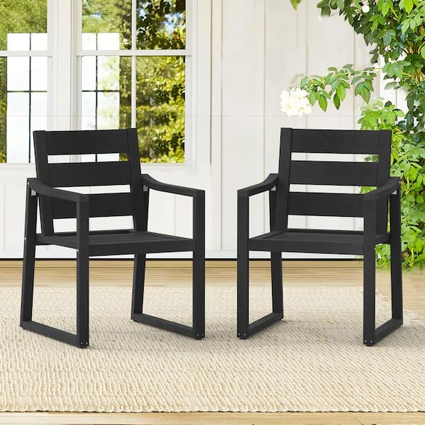 LUE BONA Black Square-Leg Plastic HDPS Outdoor Dining Chairs All-Weather Indoor Outdoor Patio Dining Chairs with Armrest (2-pack)