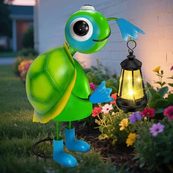 No.99 ラブラドライトの置物 6 in. x 14 in. Green Big Metal Turtle Garden Statue with Solar