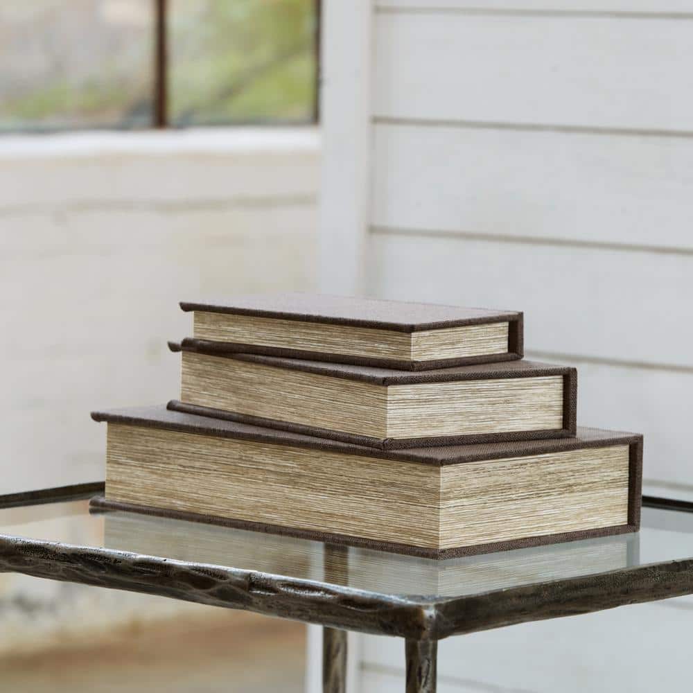 Brown Faux Book Keepsake Storage Box Set of 3