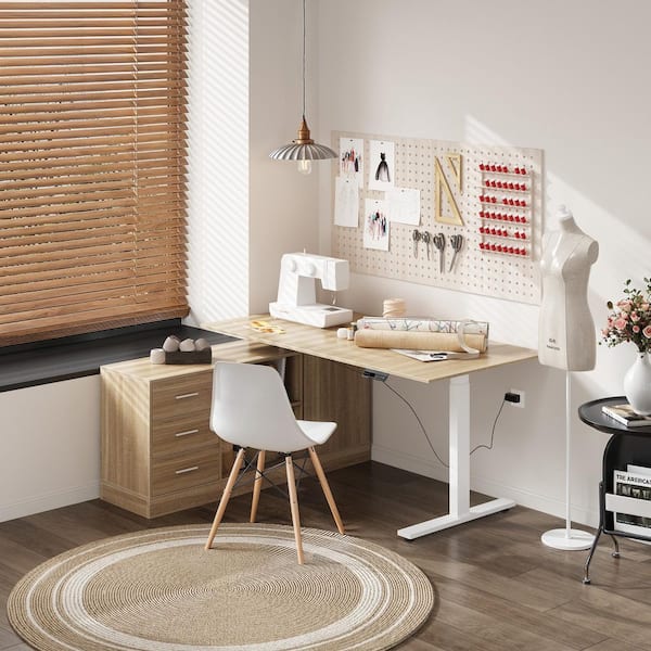 FUFU&GAGA 63 in. L-Shaped Oak Wood 3-Drawer Adjustable Height