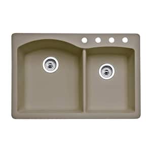 Diamond Dual-Mount Granite 33 in. 4-Hole 60/40 Double Bowl Kitchen Sink in Truffle