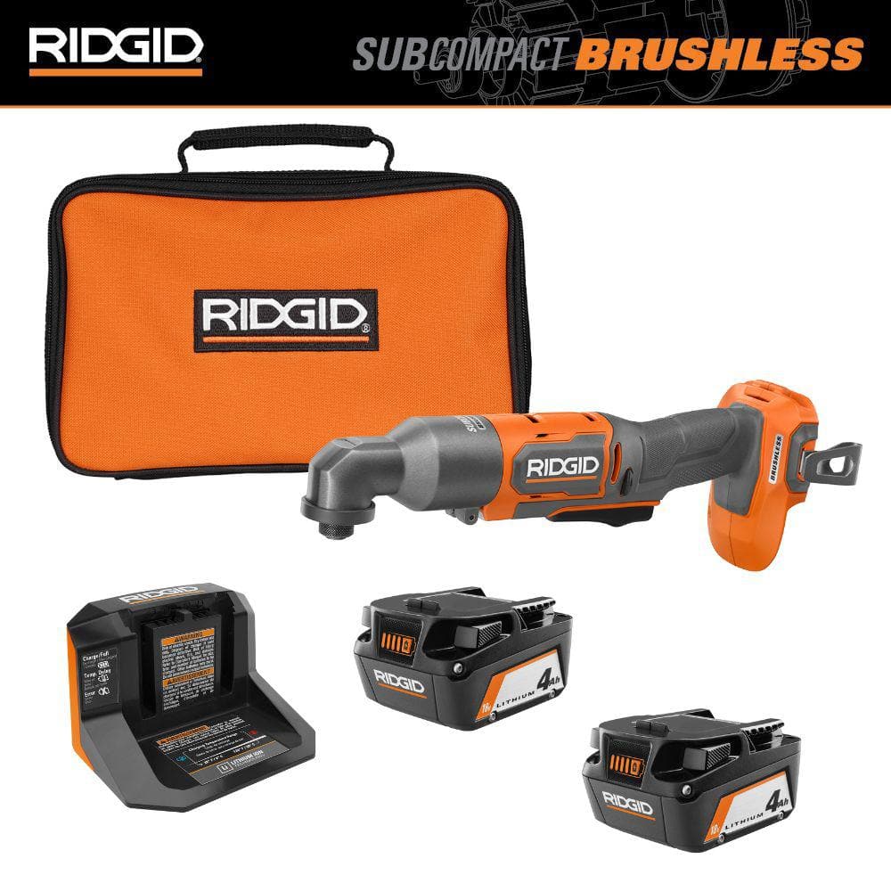 18V (2) 4.0 Ah Batteries and Charger Kit with 18V Subcompact Brushless Cordless Right Angle Impact Driver -  RIDGID, AC93044R87730