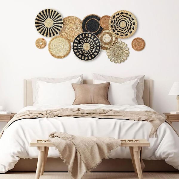 11-Piece 13 in. x 13 in. Beige and Black Seagrass Handmade Wall