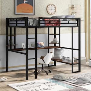 Black Metal Frame Full Size Loft Bed with Wooden Long Desk, 2-Tier Shelves and Simple Bench