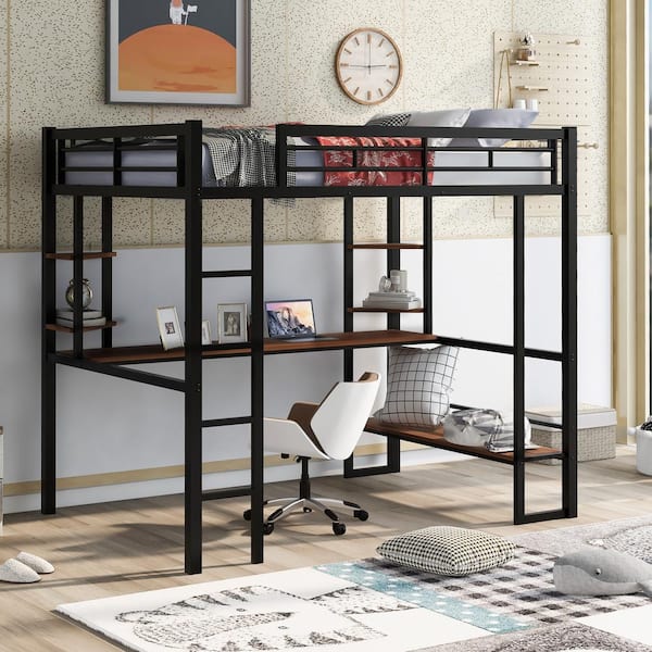 Harper & Bright Designs Black Metal Frame Full Size Loft Bed with Wooden Long Desk, 2-Tier Shelves and Simple Bench