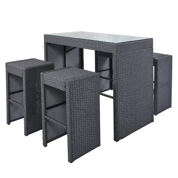 GOSHADOW 5-Piece Wicker Outdoor Dining Set with 4 Stools with Gray Cushion