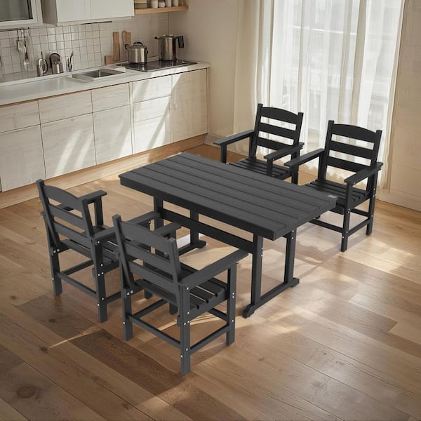 5 Piece HDPE Outdoor Furniture Set for 4, Dining Table and Chairs, Black