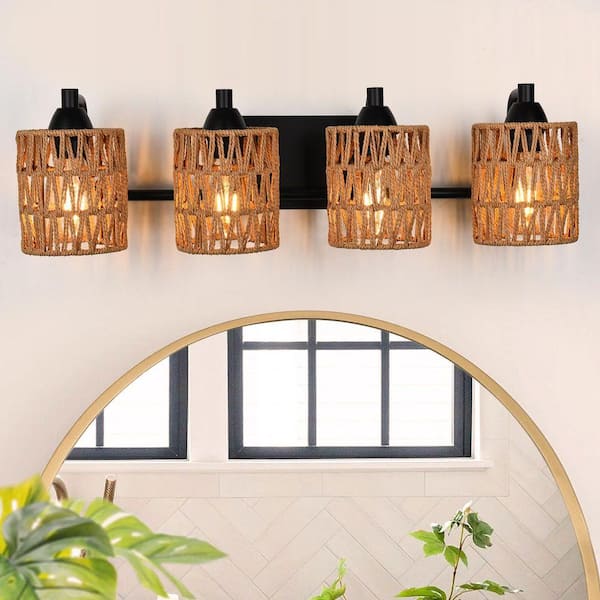 Boho 26 in. 4-Light Matte Black Vanity Light with Rattan Shade