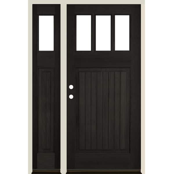 Krosswood Doors 50 in. x 80 in. Craftsman 3 Lite V Groove Black Stain Right-Hand/Inswing Douglas Fir Prehung Front Door Left Sidelite