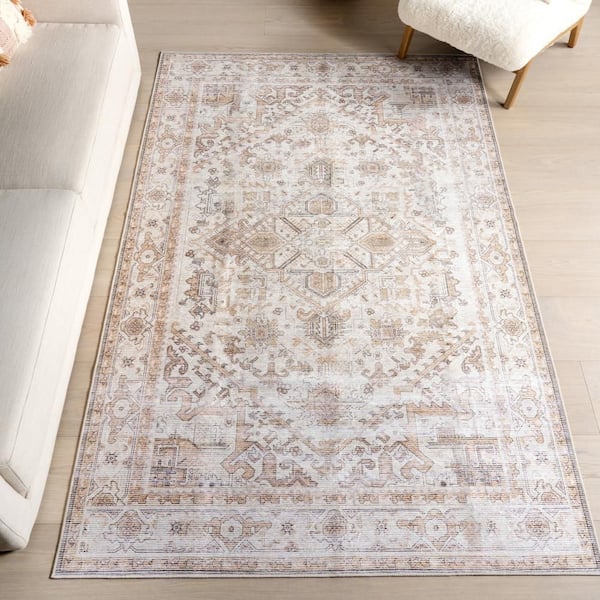 Rylan Medallion Spill Proof Washable Beige 9 ft. x 12 ft. Indoor Area Rug