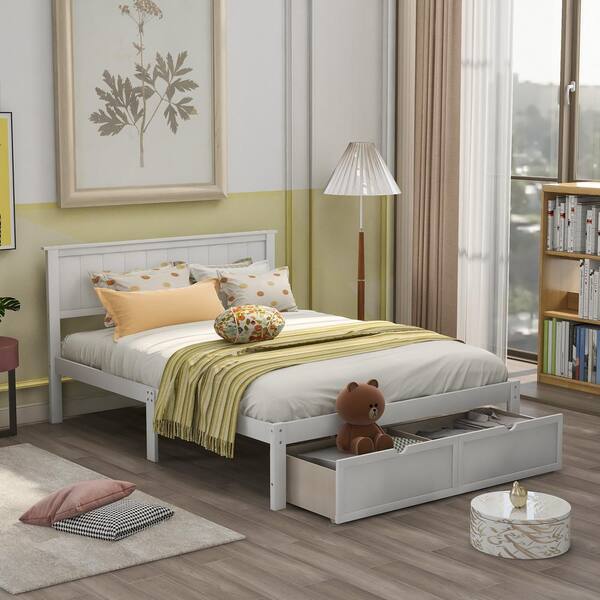 Wood Frame Platform Bed, White King Size Bed With Drawers Underneath