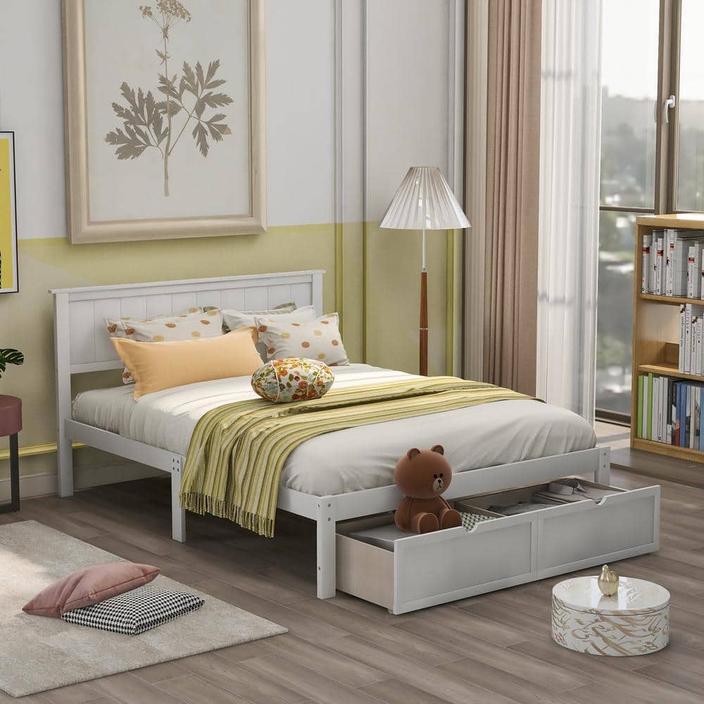GOSALMON White Wood Frame Full Size Platform Bed with Under-Bed Drawer ...