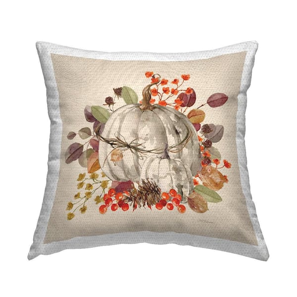 Harvest Sprigs & Pumpkin Beige Square Outdoor Throw Pillow