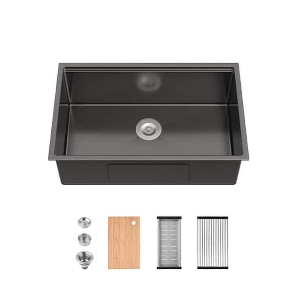 30 in. Undermount Single Bowl Black Stainless Steel Kitchen Sink with Drain, Cutting Board, Drainage Basket Roll-UP Rack