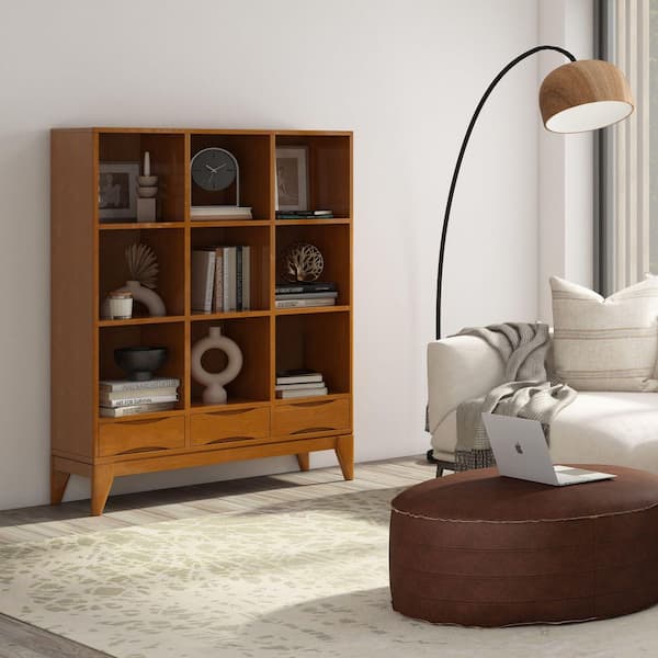 Harper 58 in. Tall Teak Brown Solid Hardwood Mid Century Modern 9-Cube Storage Bookcase with Drawers