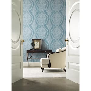 Ronald Redding Blue Charleston Damask Unpasted Paper Wallpaper Matte, (27 in. x 27 ft.)