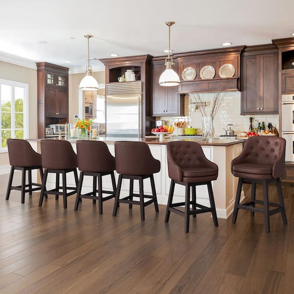 26 in. Dark Reddish Brown Faux Leather Swivel Barstool Solid Wood Frame Double Cushion Counter Height Bar Stool Set of 6