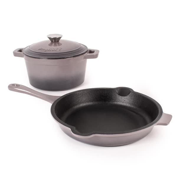 BergHOFF Neo 3-Piece Cast Iron Cookware Set, Fry Pan and Round Dutch Oven, Oyster