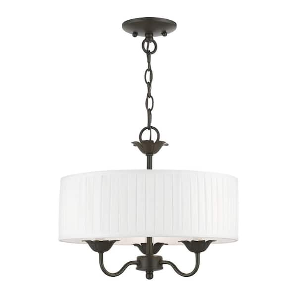 AVIANCE LIGHTING Northbrook 3-Light English Bronze Pendant Chandelier with Pleated Off-White Fabric Shade