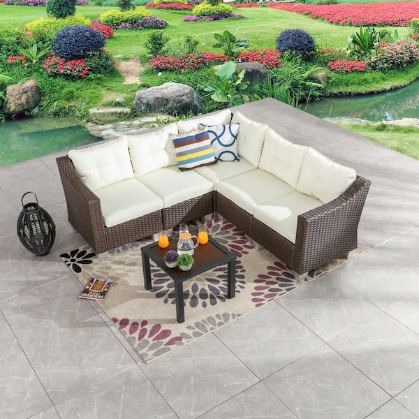 Patio Festival 6-Piece Wicker Patio Conversation Set with Beige Cushions