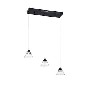 GEO 3-Light Black, Clear Cone Integrated LED Pendant Light with Clear Acrylic Shade