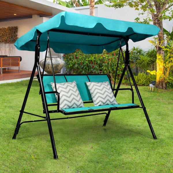 3-Person Metal Frame Patio Porch Swing with Polyester Angle and Blue Adjustable Canopy