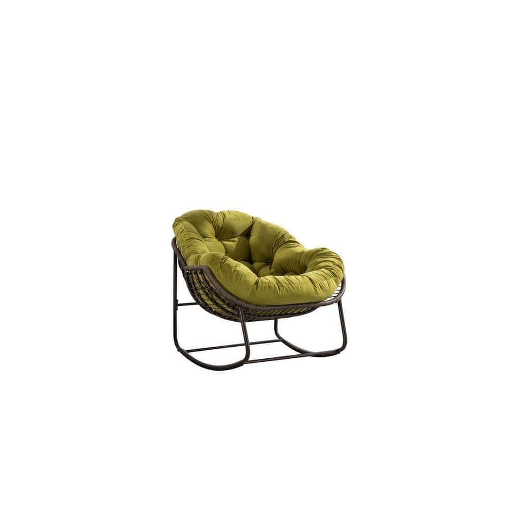 Metal Rattan Outdoor Rocking Chair, Padded Cushion Rocker Recliner Chair, w
