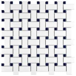 Metro Basketweave White w/ Glossy Cobalt Dot 11-3/4 in. x 11-3/4 in. Porcelain Mosaic Tile (9.8 sq. ft./Case)