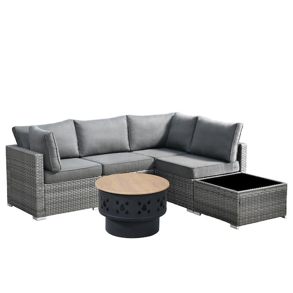 Sanibel Gray 6-Piece Wicker Outdoor Patio Conversation Sofa Set with a Wood-Burning Fire Pit and Dark Gray Cushions