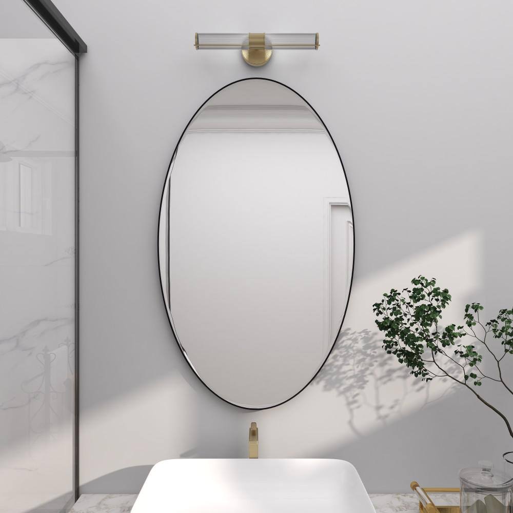 Modern Oval Black and Silver Wood Framed Dresser Mirror