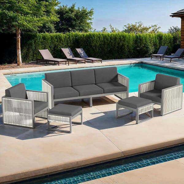 Bestier 5-Piece Metal Outdoor Patio Conversation Sectional Seating Set with Dark Gray Cushions