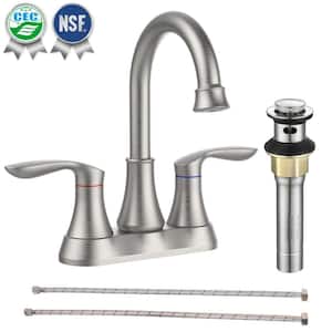 4 in. Centerset Double Handle 360° High Arc Bathroom Faucet with Drain Kit and Pop-up Drain in Brushed Nickel