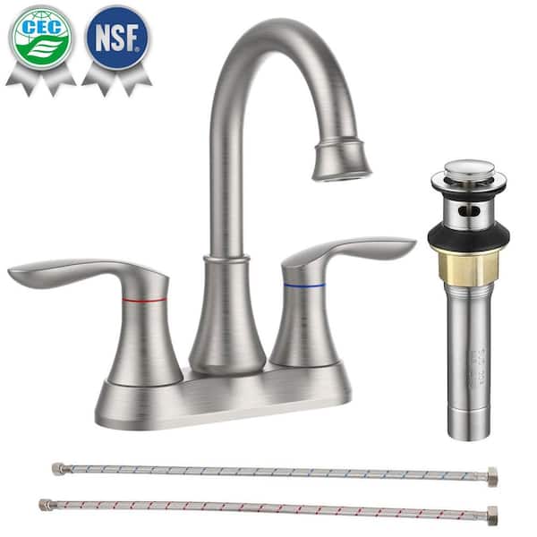 waterpar 4 in. Centerset Double Handle 360° High Arc Bathroom Faucet with Drain Kit and Pop-up Drain in Brushed Nickel
