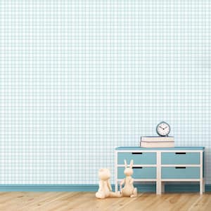 Tiny Tots 2-Collection Turquoise/White Matte Finish Traditional Plaid Design Non-Woven Paper Wallpaper Roll