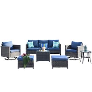New Vultros Gray 7-Piece Wicker Outdoor Patio Conversation Set with Denim Blue Cushions and Swivel Rocking Chairs