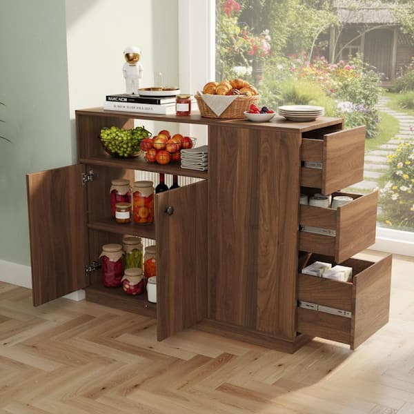 Colec Chestnut Brown Engineered Wood MDF 39.37 in. x 31.50 in. Pantry Cabinet with 2-Glass Sliding Doors and 3-Drawers